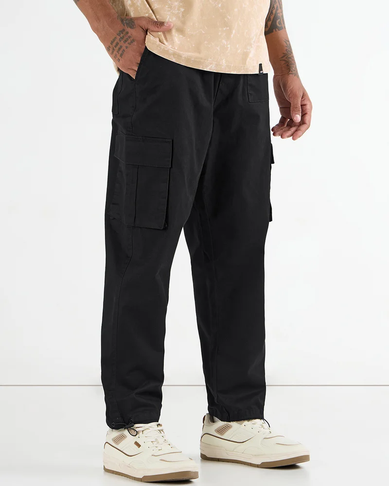 bewakoof Men's Black Baggy Oversized Cargo Parachute Pants